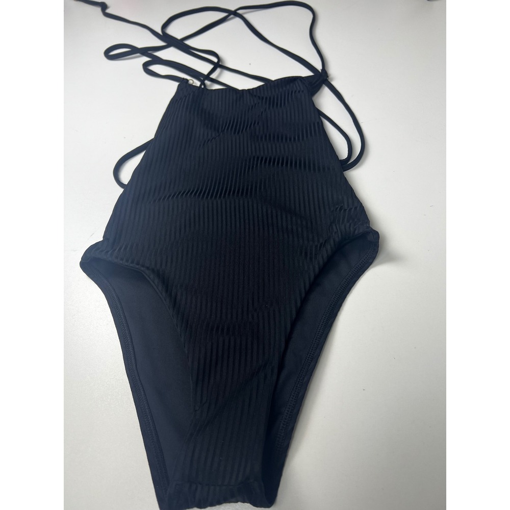 Vitamin A Black Ribbed High Neck Halter‎ One Piece Swimsuit Style Strappy Sz  XS